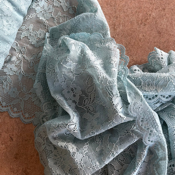 Mint Green & Smokey Blue Floral Stretch Galloon Lace (23.5cm Wide) - 1m