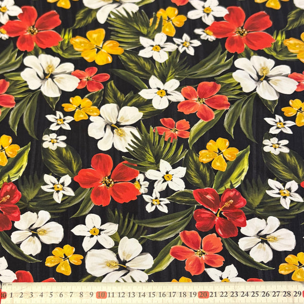 White Yellow & Red Leaf Print Tropical “Cotton Feel” Lycra Fabric - 1m