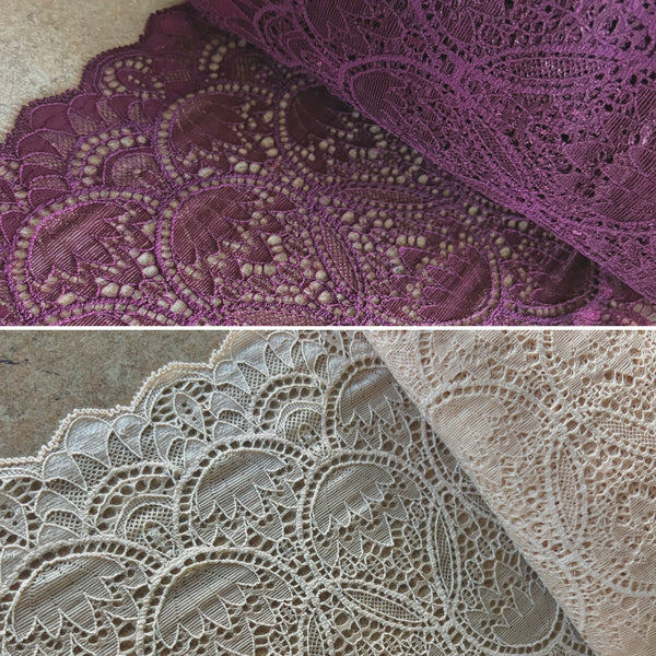 Cream or Wine / Maroon Stretch Galloon Lace (22cm Wide) - 1m