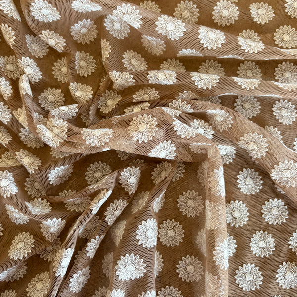 Dark Tan & White Daisy Floral Soft Lightweight Stretch Embroidery Mesh Tulle Net - 1m