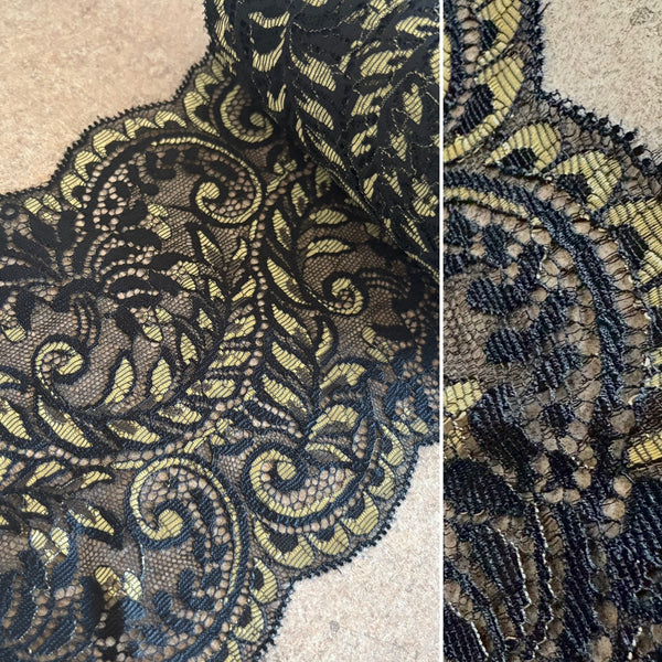 Black & Gold Floral Rigid Galloon Lace (13cm Wide) - 1m