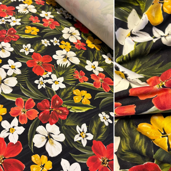 White Yellow & Red Leaf Print Tropical “Cotton Feel” Lycra Fabric - 1m