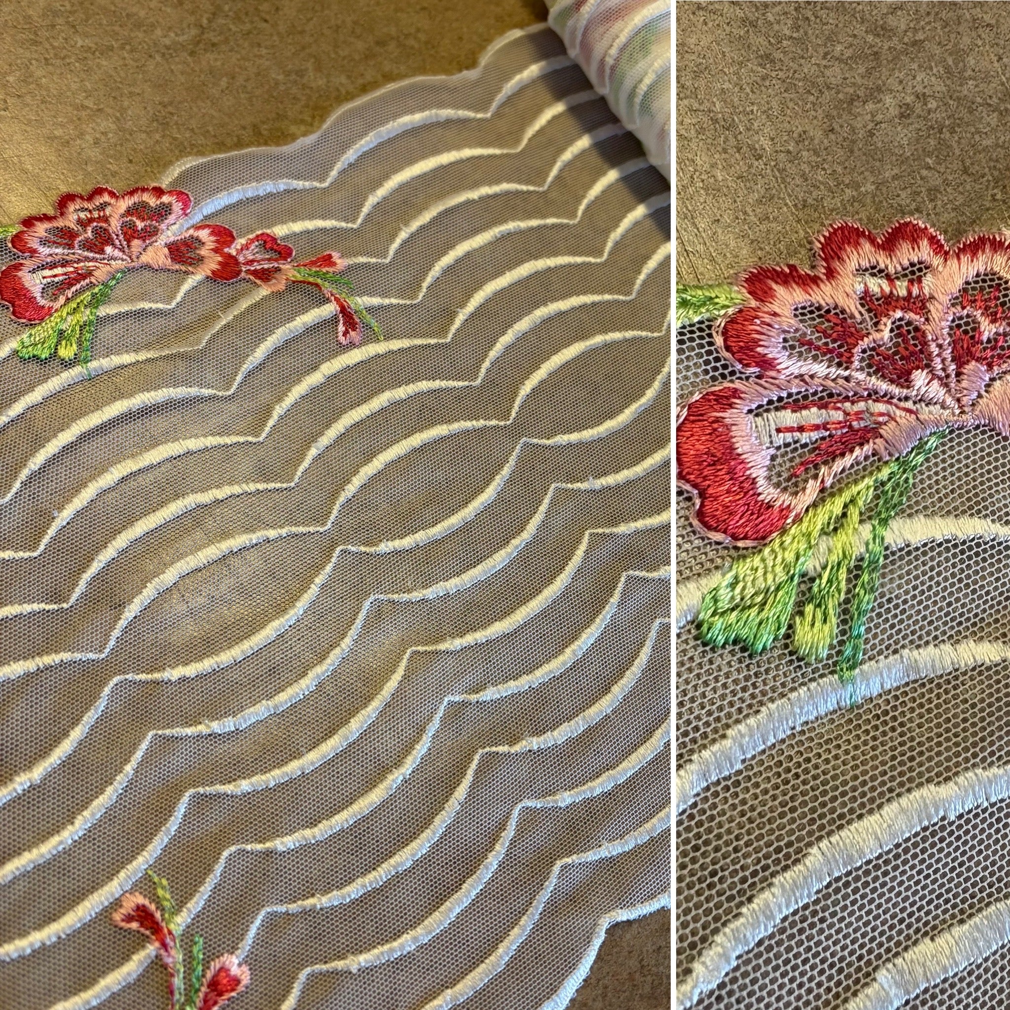 Ivory Black Beige & Brown Floral Stretch Embroidery Edging “Lace” (23cm Wide) - 1m