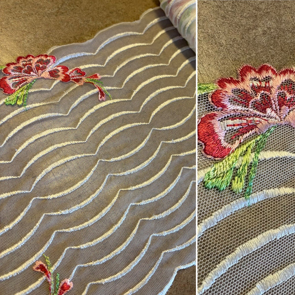 Ivory Black Beige & Brown Floral Stretch Embroidery Edging “Lace” (23cm Wide) - 1m