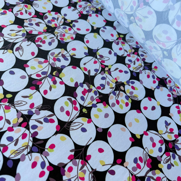 Black & White Spot & Multicoloured Fairy Lights Leaf Print Nylon Lycra Fabric - 1m