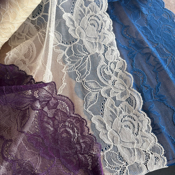 Electric Blue, Ivory & Wild Blackberry Purple Floral Lace (23cm Wide) - 1m