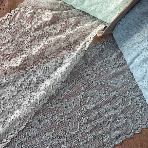 Mint Green & Smokey Blue Floral Stretch Galloon Lace (23.5cm Wide) - 1m