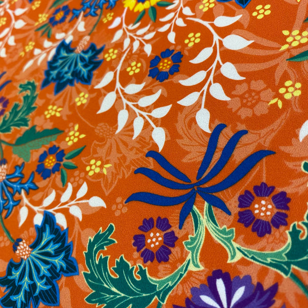 Tissu Lycra Floral Feuille Paisley Orange Rouge Bleu &amp; Vert - 1m