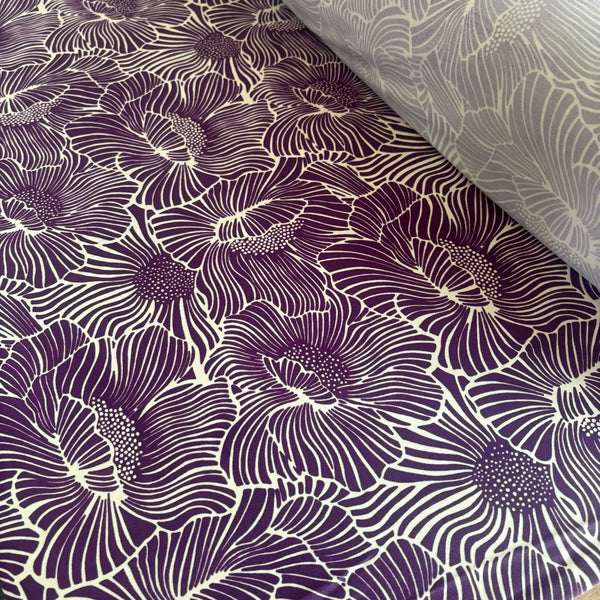 Purple Off White Graphic “Nordic” Inspired Floral Poppy Wave Lycra Fabric - 1m