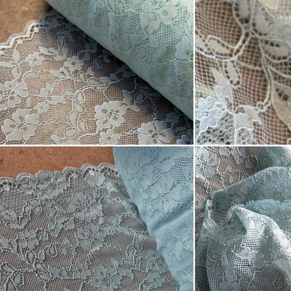 Mint Green & Smokey Blue Floral Stretch Galloon Lace (23.5cm Wide) - 1m