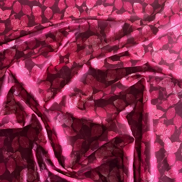 Red & Pink Autumn Leaf Print Nylon Lycra Fabric - 1m