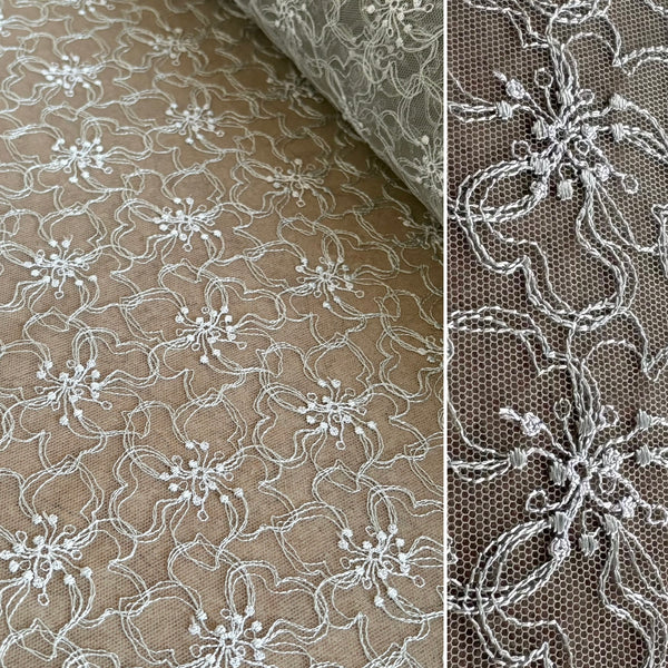 Steel Grey & Glitter Lurex Poppy Allover Rigid Embroidery on Grey Mesh Tulle Net - 1m