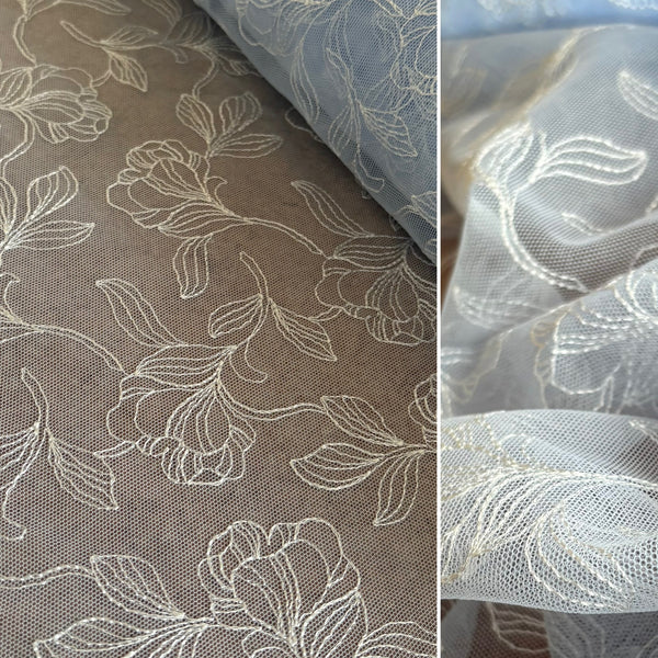 Ice Blue, Midnight Navy, Silver Shine, & Cerese Allover Embroidery Mesh Tulle Net - 1m