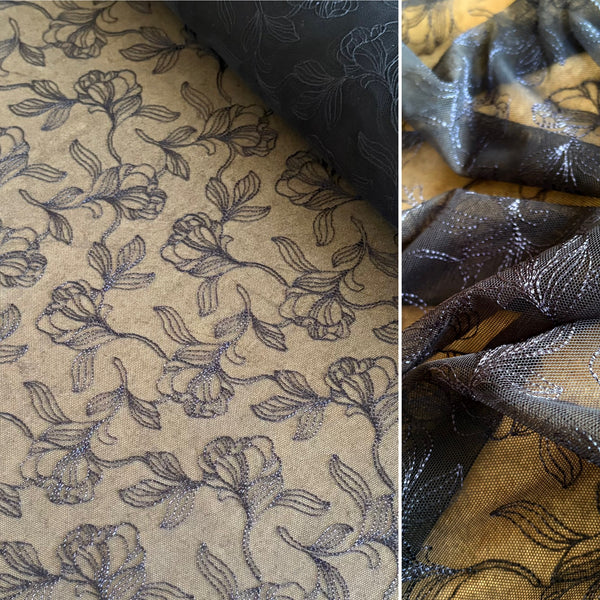 Ice Blue, Midnight Navy, Silver Shine, & Cerese Allover Embroidery Mesh Tulle Net - 1m