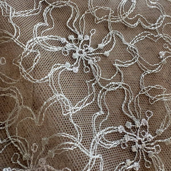 Steel Grey & Glitter Lurex Poppy Allover Rigid Embroidery on Grey Mesh Tulle Net - 1m