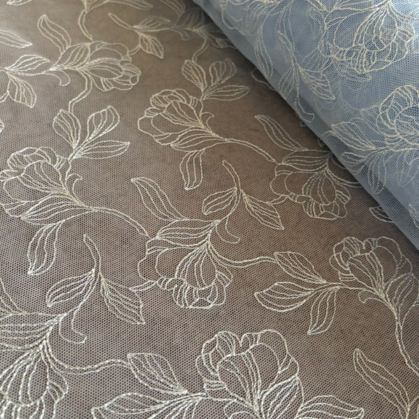 Ice Blue, Midnight Navy, Silver Shine, & Cerese Allover Embroidery Mesh Tulle Net - 1m