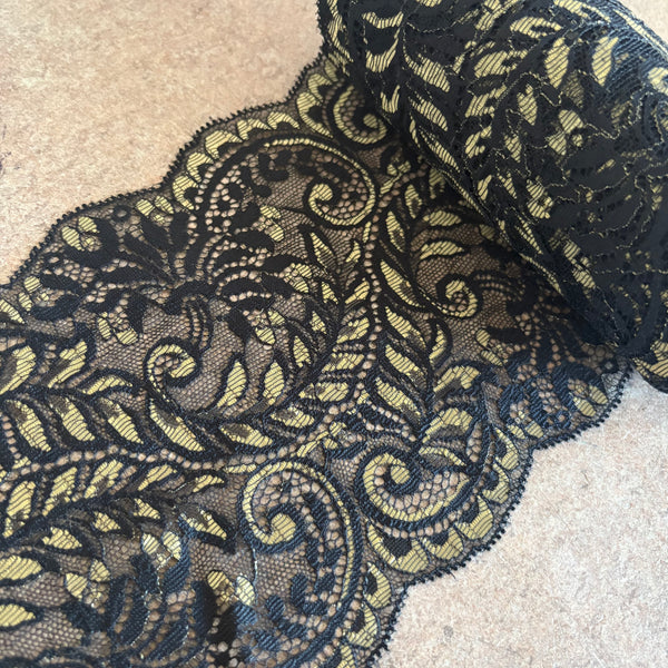 Black & Gold Floral Rigid Galloon Lace (13cm Wide) - 1m