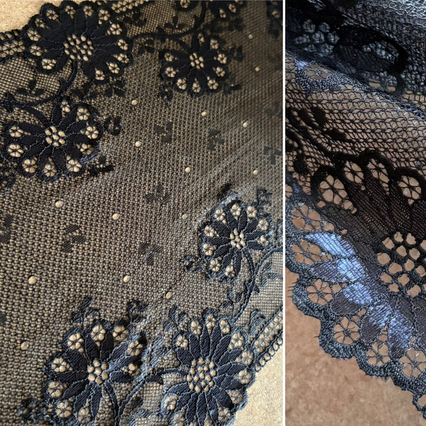 Midnight & Ruby Red Floral Stretch Galloon Lace (23.5cm Wide) - 1m