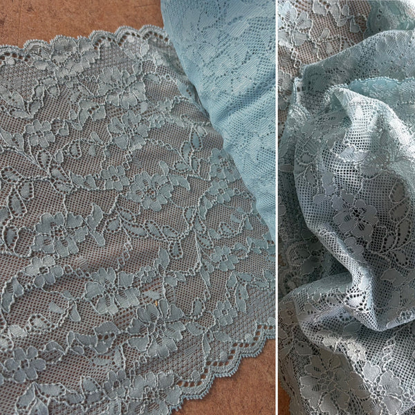 Mint Green & Smokey Blue Floral Stretch Galloon Lace (23.5cm Wide) - 1m