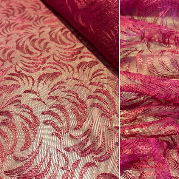 Maroon & Ivory Linen Rigid Allover Wave Embroidery Mesh Tulle Net - 1m