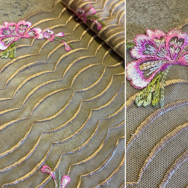 Ivory Black Beige & Brown Floral Stretch Embroidery Edging “Lace” (23cm Wide) - 1m