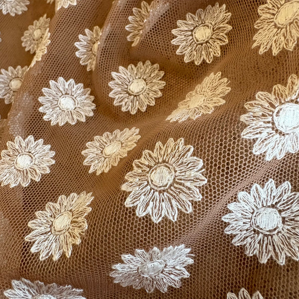 Dark Tan & White Daisy Floral Soft Lightweight Stretch Embroidery Mesh Tulle Net - 1m
