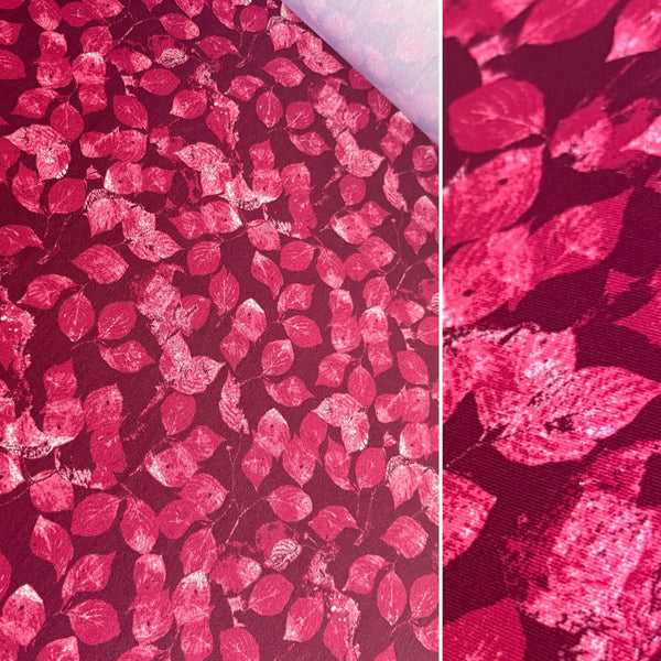 Red & Pink Autumn Leaf Print Nylon Lycra Fabric - 1m