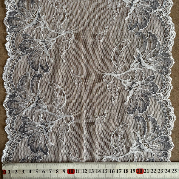 White & Cool Grey Blue Stretch Galloon Lace (24.5cm Wide) - 1m