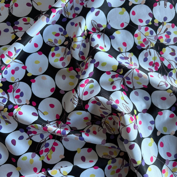 Black & White Spot & Multicoloured Fairy Lights Leaf Print Nylon Lycra Fabric - 1m