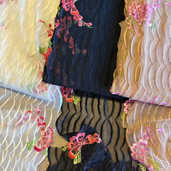 Ivory Black Beige & Brown Floral Stretch Embroidery Edging “Lace” (23cm Wide) - 1m