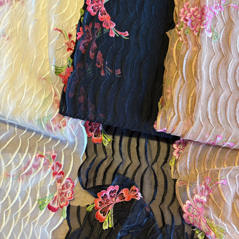 Ivory Black Beige & Brown Floral Stretch Embroidery Edging “Lace” (23cm Wide) - 1m