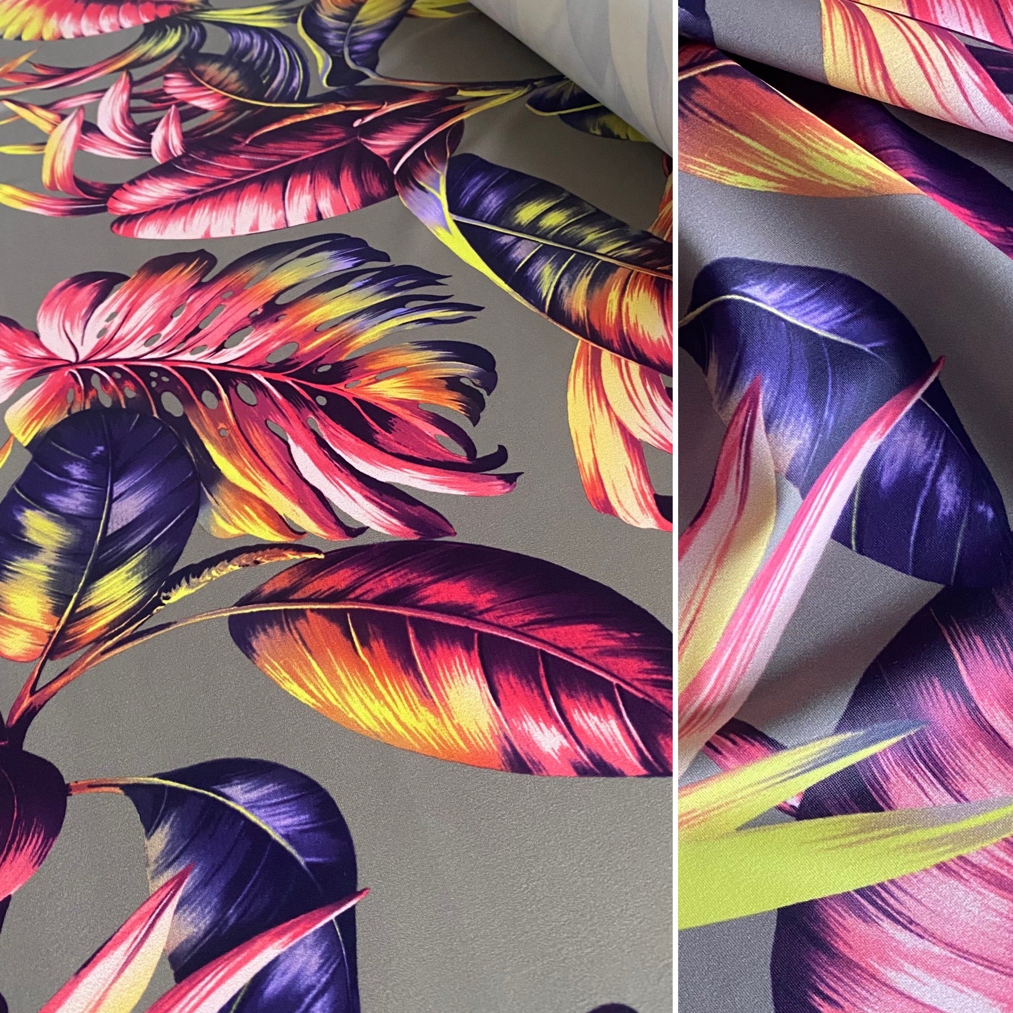 Pink, Purple & Yellow on Smokey Leaf on Grey Print Tropical Lycra Fabric - 1m