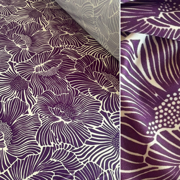 Purple Off White Graphic “Nordic” Inspired Floral Poppy Wave Lycra Fabric - 1m