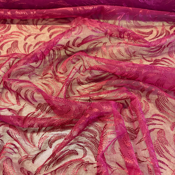 Maroon & Ivory Linen Rigid Allover Wave Embroidery Mesh Tulle Net - 1m