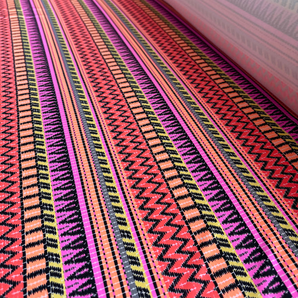 Multicoloured Pink Orange & Yellow Zig Zag and Stripe Graphic Lycra Fabric - 1m