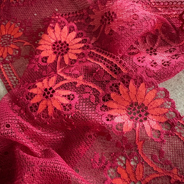 Midnight & Ruby Red Floral Stretch Galloon Lace (23.5cm Wide) - 1m