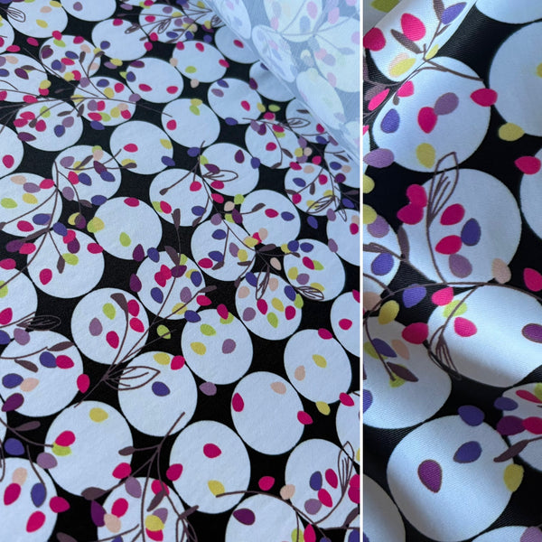 Black & White Spot & Multicoloured Fairy Lights Leaf Print Nylon Lycra Fabric - 1m
