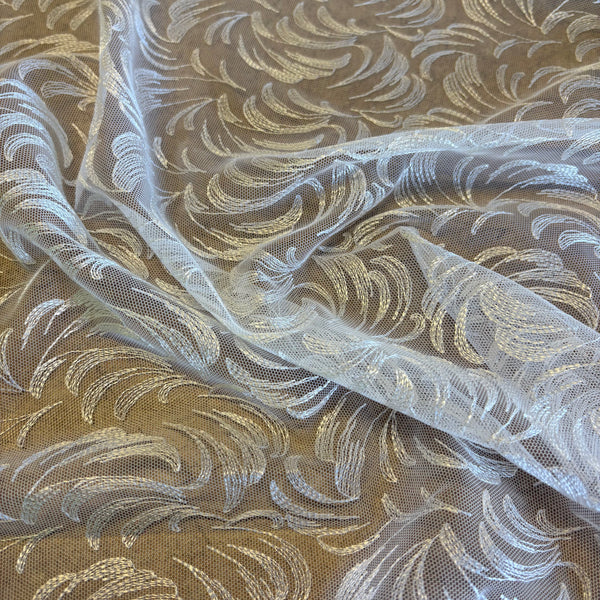 Maroon & Ivory Linen Rigid Allover Wave Embroidery Mesh Tulle Net - 1m