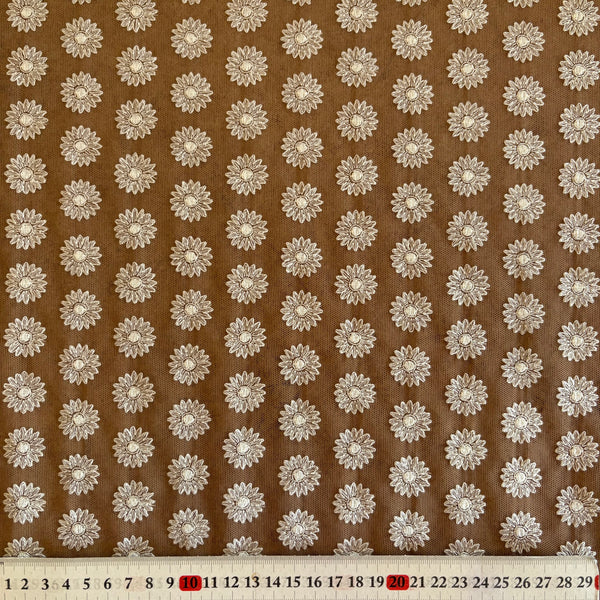 Dark Tan & White Daisy Floral Soft Lightweight Stretch Embroidery Mesh Tulle Net - 1m