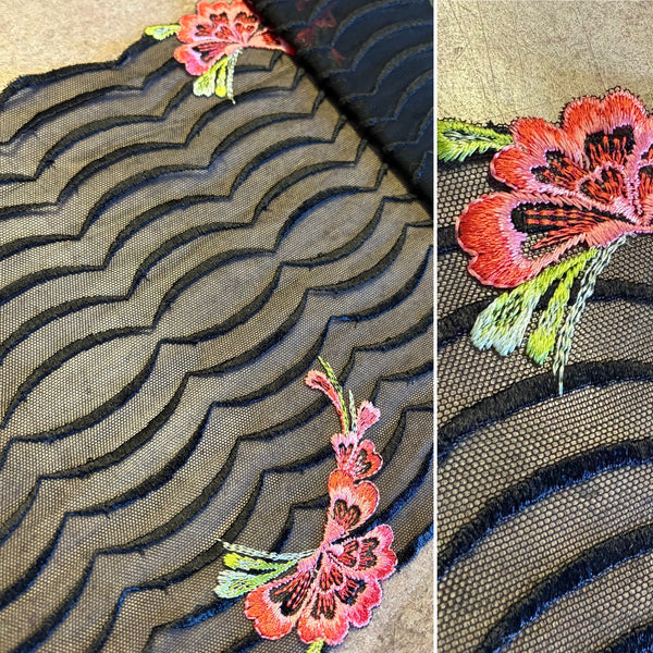 Ivory Black Beige & Brown Floral Stretch Embroidery Edging “Lace” (23cm Wide) - 1m