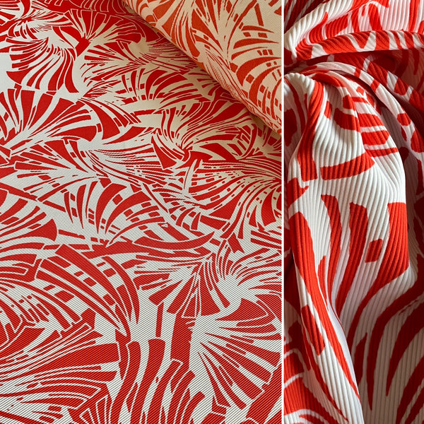 Red & White Palm Spider Plant Ribbed Lycra Fabric - 1m