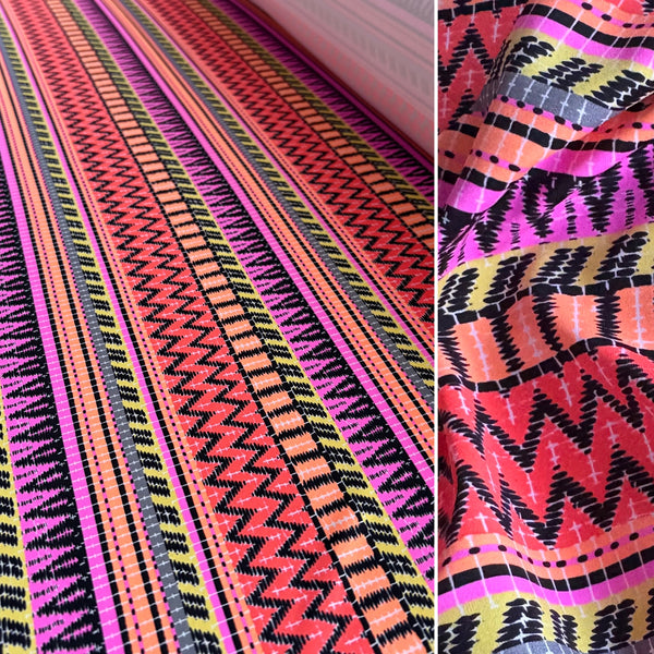 Multicoloured Pink Orange & Yellow Zig Zag and Stripe Graphic Lycra Fabric - 1m