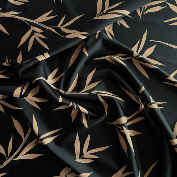 Dark Green Bamboo Leaf on Turquoise Print Lycra Fabric - 1m