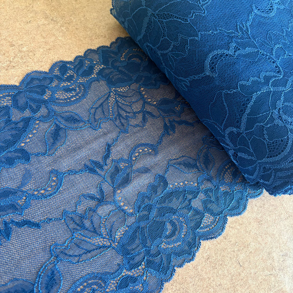 Electric Blue, Ivory & Wild Blackberry Purple Floral Lace (23cm Wide) - 1m