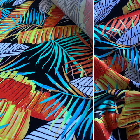 Tropical Gold & Yellow on Black Leaf Print Lycra Fabric - 1m