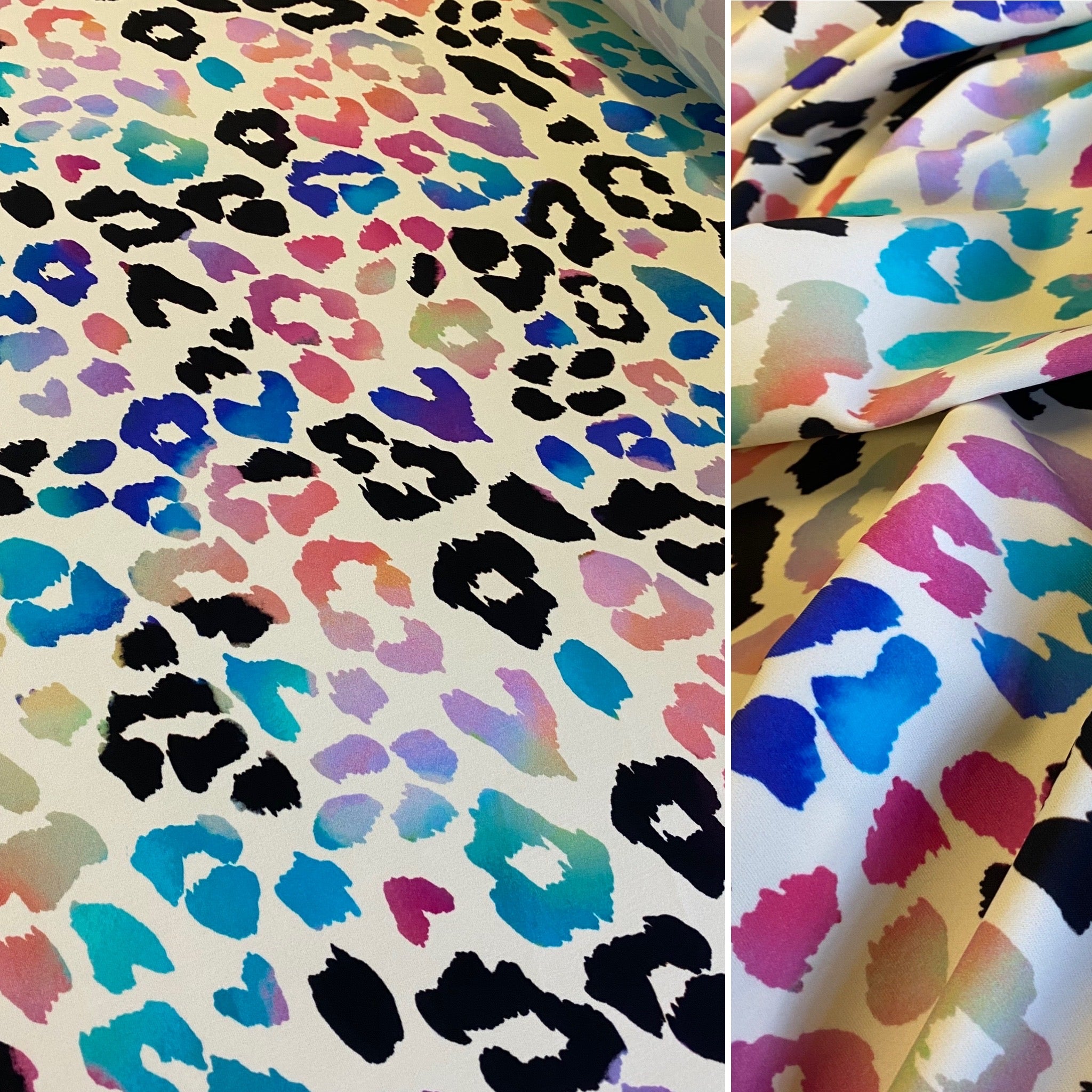 Rainbow & Black on White Leopard Lycra Fabric - 1m