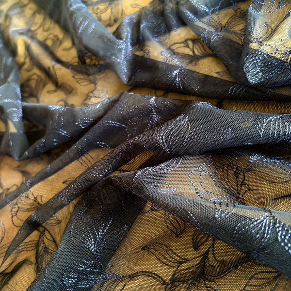 Ice Blue, Midnight Navy, Silver Shine, & Cerese Allover Embroidery Mesh Tulle Net - 1m
