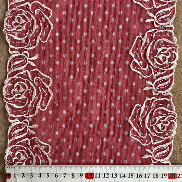 Red & Cream Rose Floral Embroidery Galloon Edging “Lace” (21cm Wide) - 1m