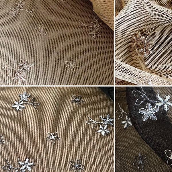 Toasted Beige Pale Skin or Black & Silver Allover Rigid & Stretch Embroidery Mesh Tulle Net - 1m