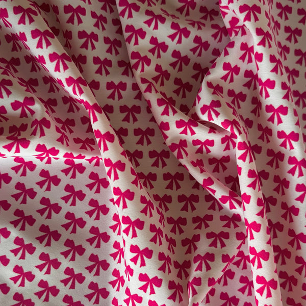 White & Pink Bow Swimwear Nylon Lycra Fabric - 1m